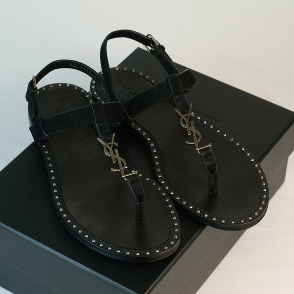 YSL Saint Laurent Cassandra Flat Sandals, Black - Picture 1 of 11